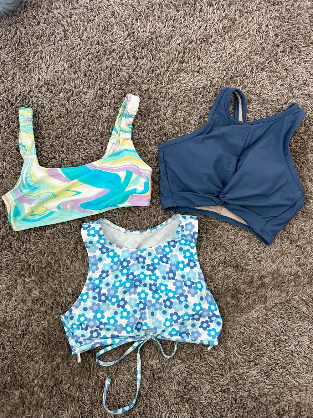 Blue Floral & Swirl Swim Tops - Multi/Teal/Blue